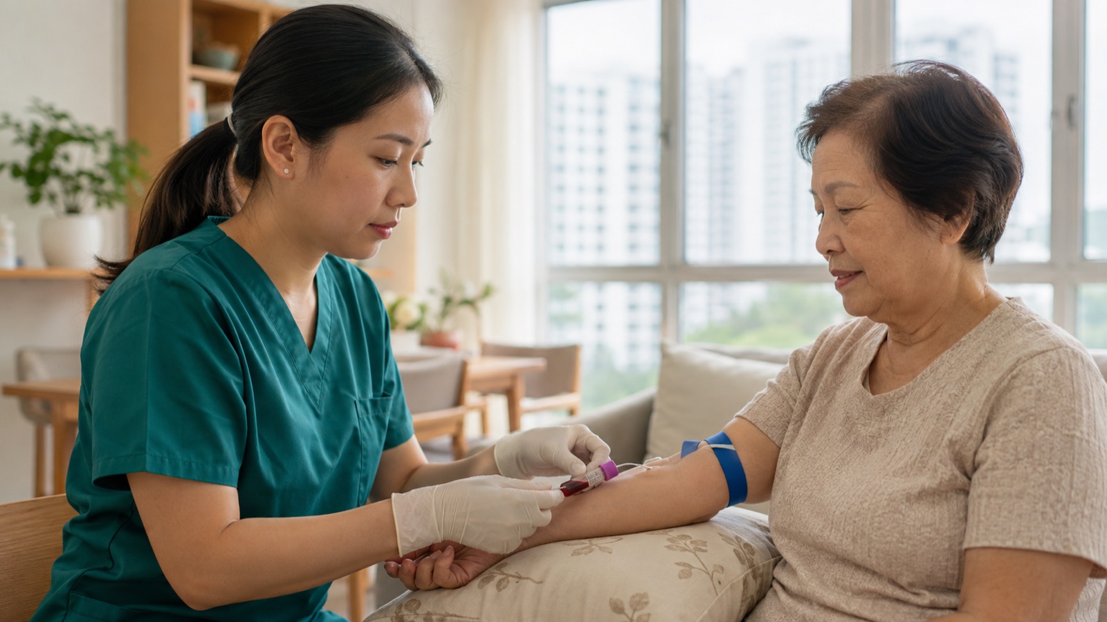 Home nurse in dark green scrubs and gloves drawing a blood sample from an elderly patient's arm at home in Singapore