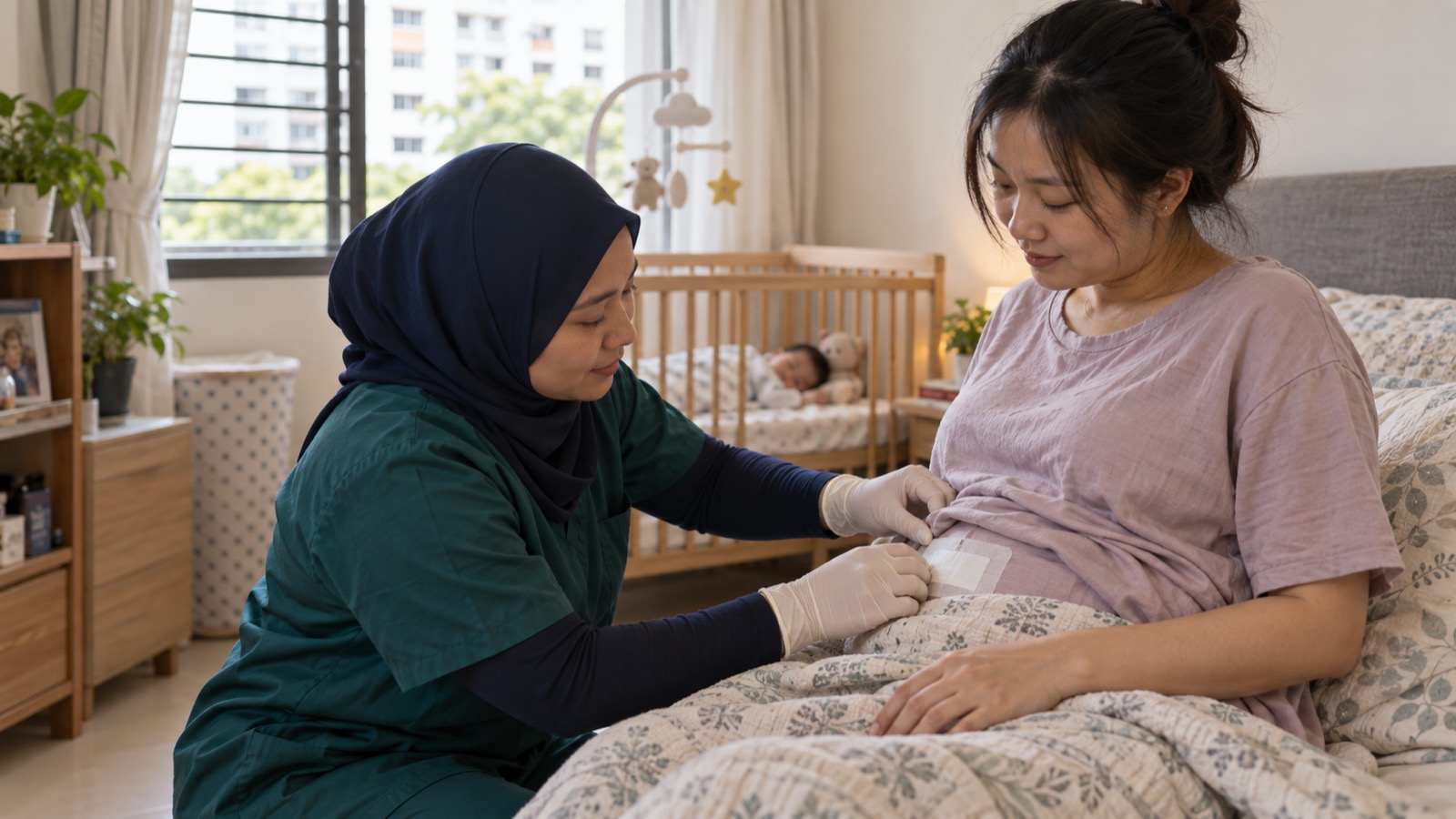 Nurse in dark green scrubs checking a healing abdominal wound dressing for a new mother seated at home, baby asleep nearby