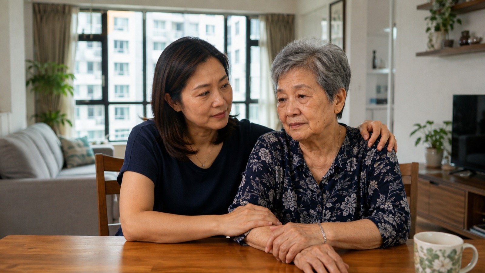 Adult daughter with her arm around her elderly mother at home in Singapore as they consider home-care options together