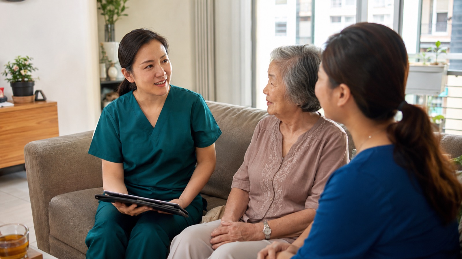 Home nurse in dark green scrubs talking with an elderly Singaporean woman and her adult daughter on a sofa about home-care support