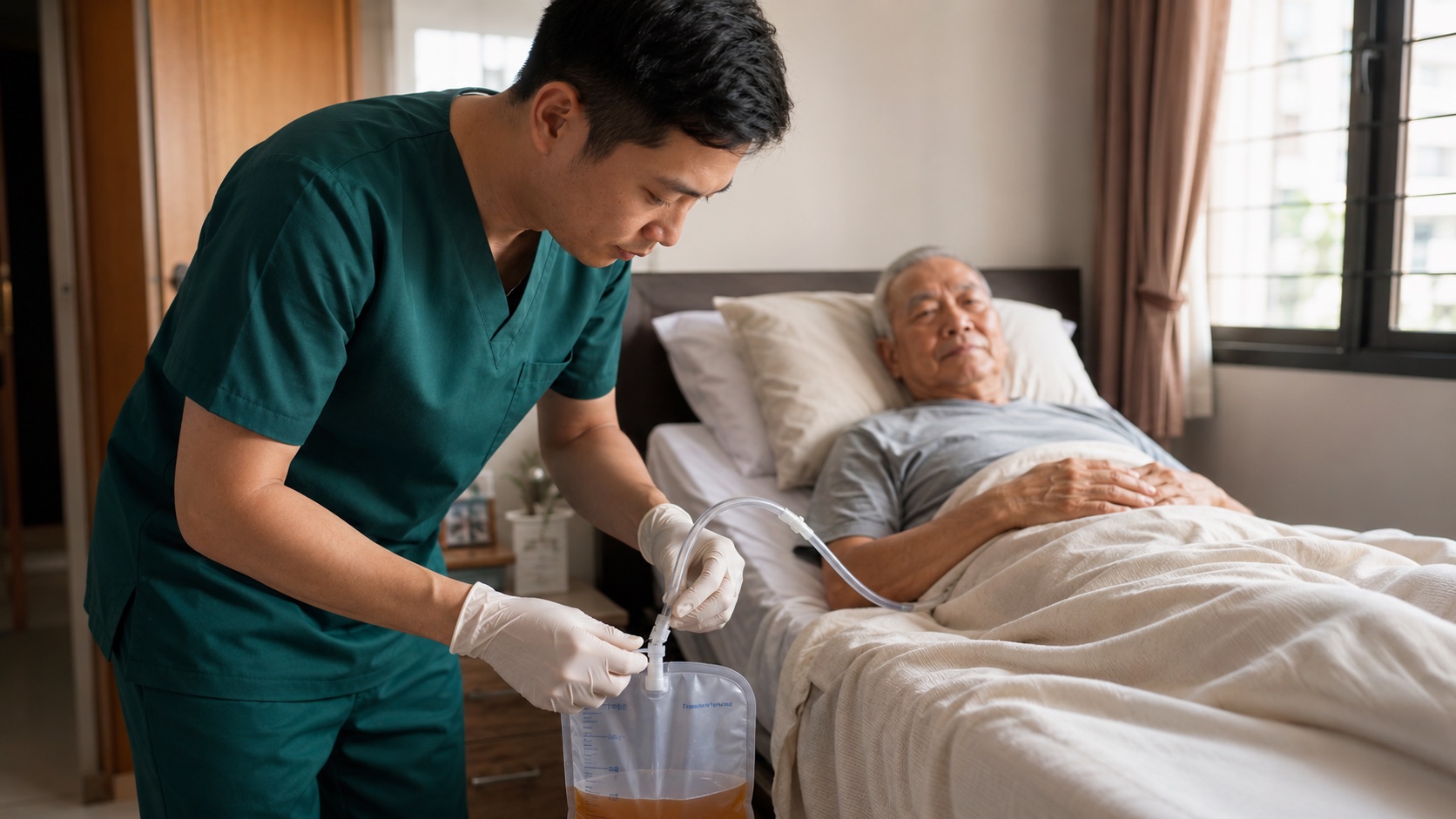Male home nurse in dark green scrubs connecting a fresh urinary drainage bag to a catheter at an elderly man's bedside in a Singapore home