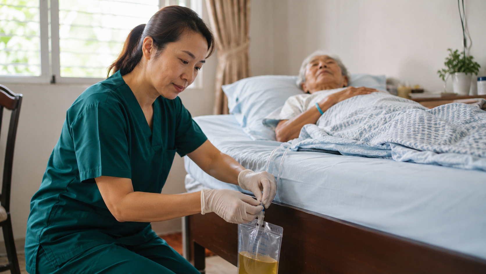 Home nurse in dark green scrubs changing a urinary catheter drainage bag at an elderly patient's bedside in Singapore