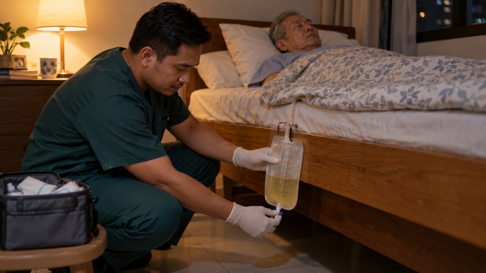 Home nurse in dark green scrubs checking a urinary catheter drainage bag at an elderly patient's bedside during an evening visit in Singapore