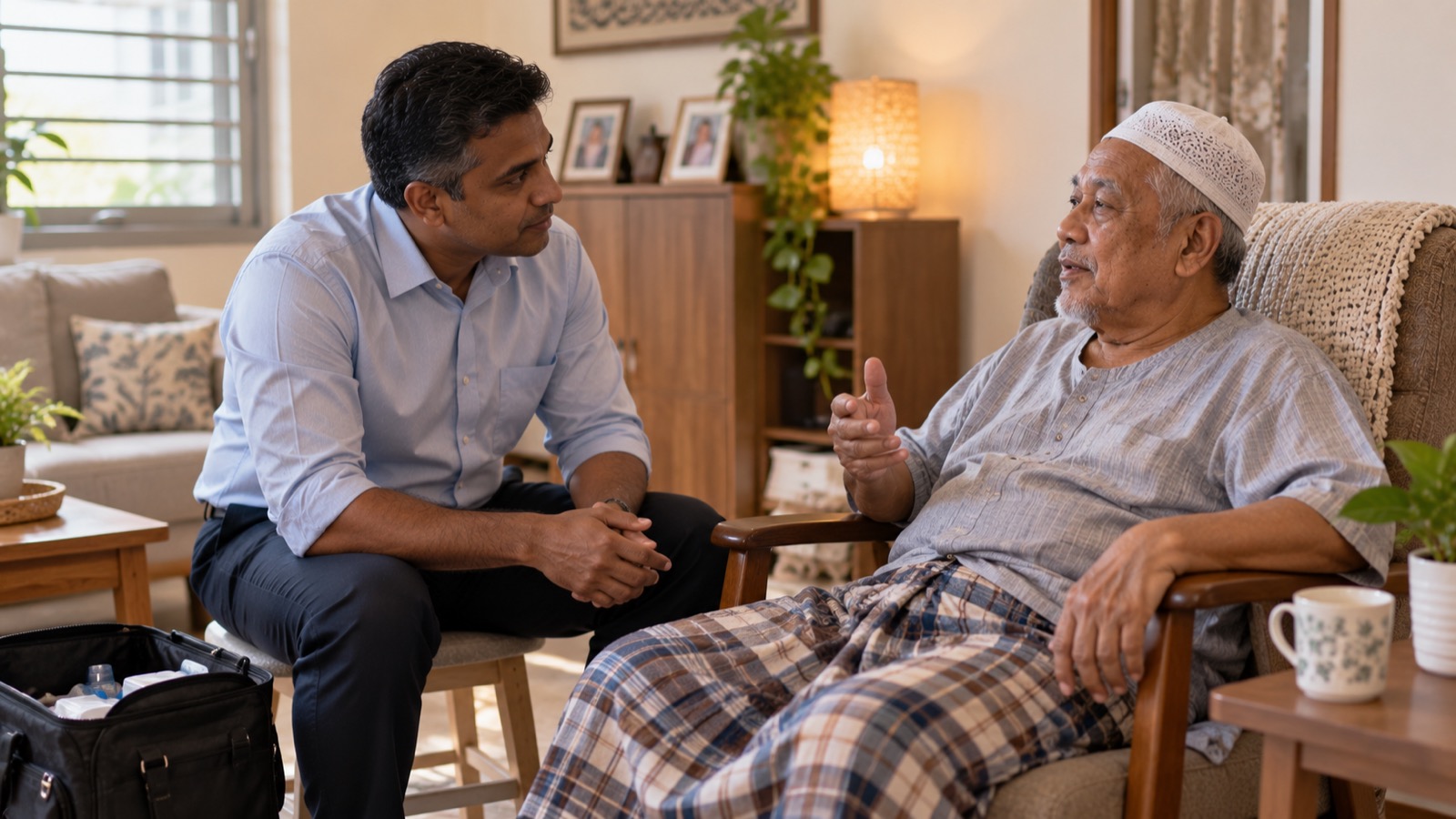 Doctor examining an elderly patient seated at home in a Singapore HDB flat during a house call visit
