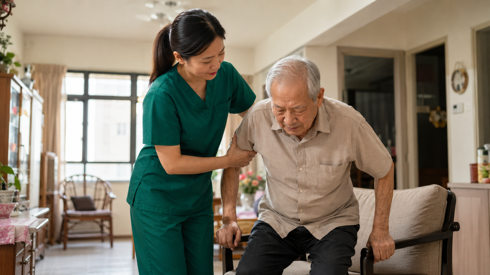 Warm Asian home nurse in dark green scrubs assisting an elderly person at home