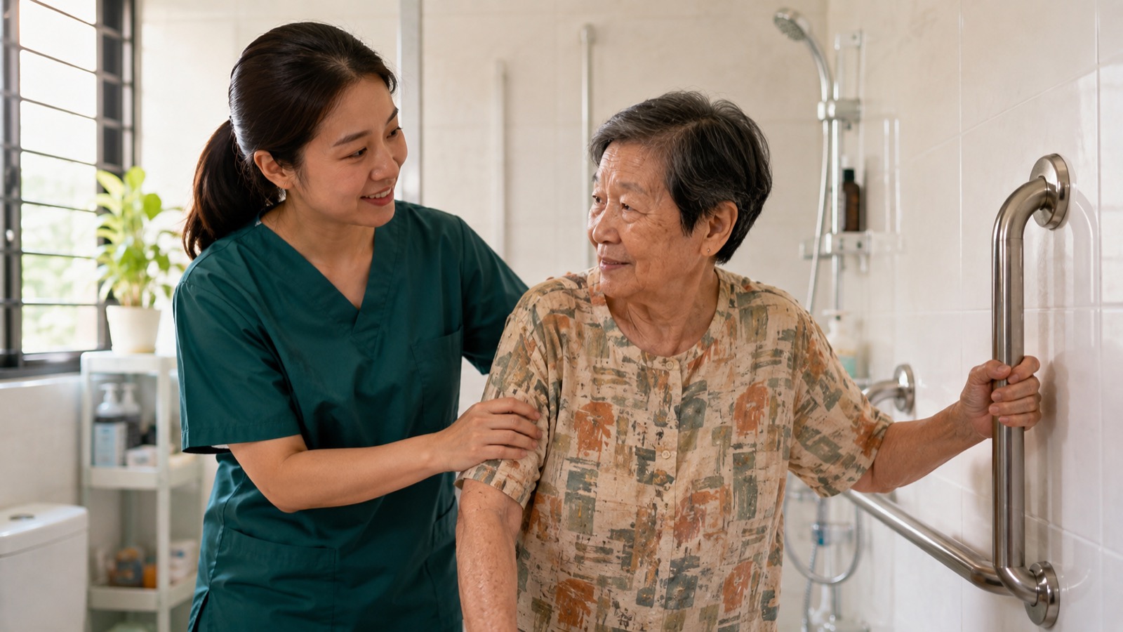 Home nurse steadying an elderly person at a bathroom grab bar during a home-safety and fall-prevention check in Singapore