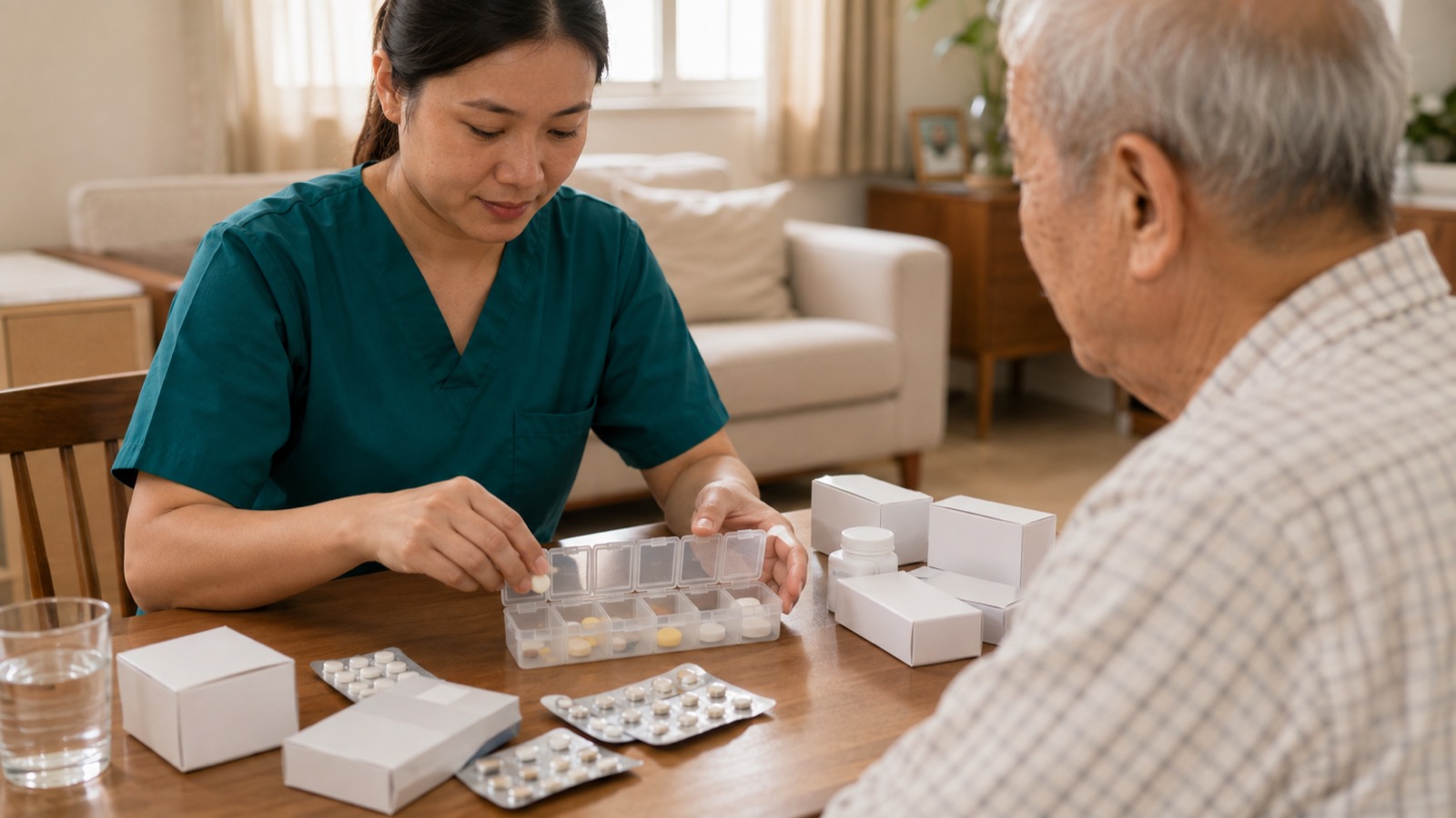 Home nurse in dark green scrubs sorting medicines into a weekly pill organiser for an elderly patient at home in Singapore