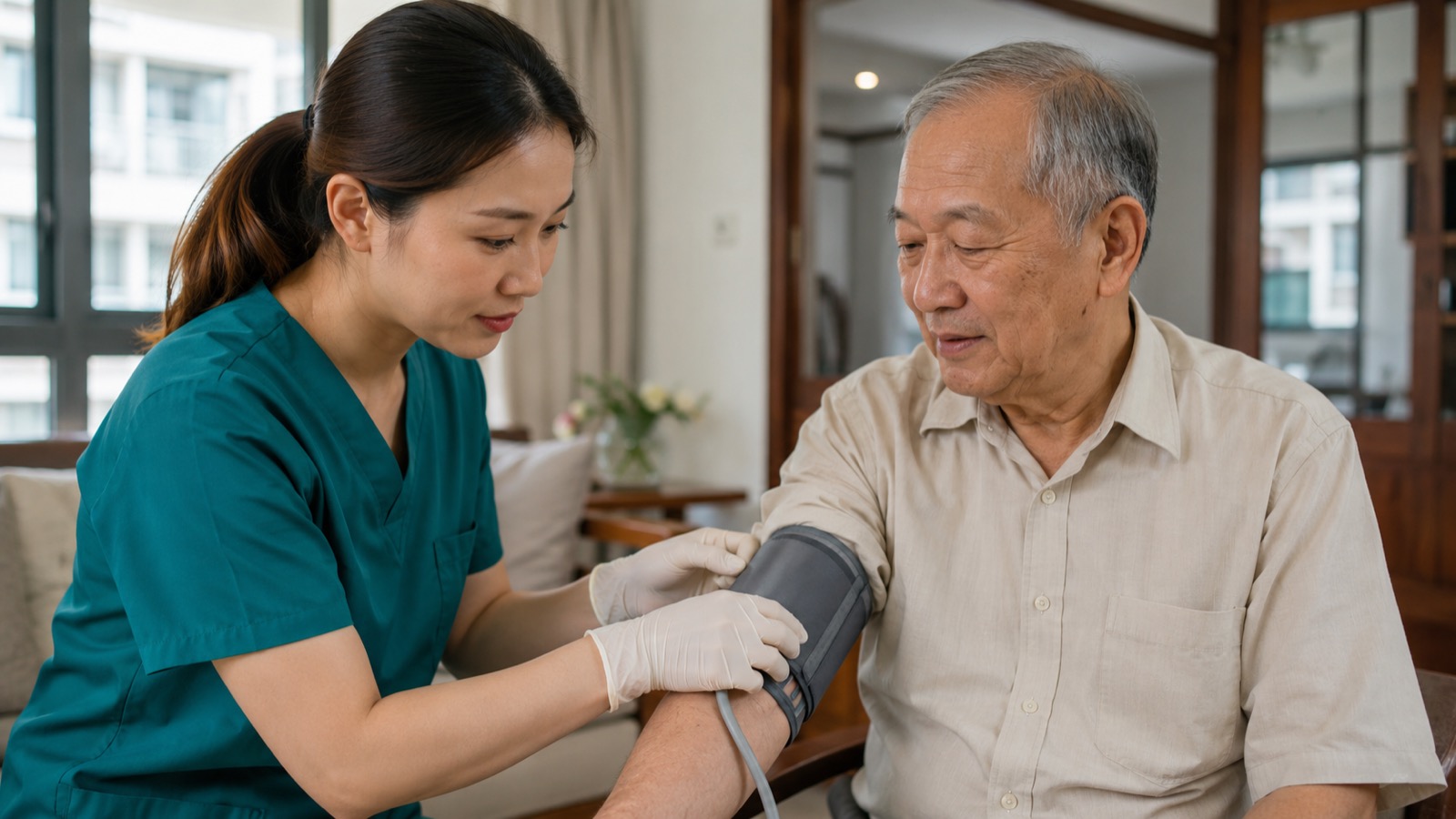 Home nurse in dark green scrubs and gloves taking the blood pressure of a seated elderly man at home in Singapore