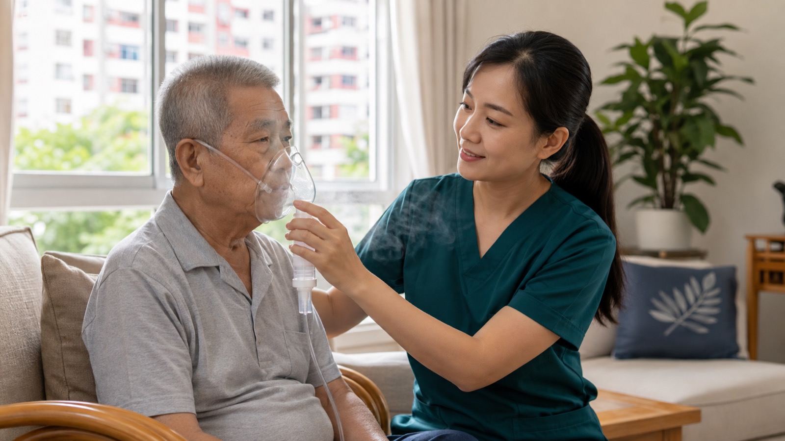 Elderly patient using a nebuliser breathing mask at home while a nurse in dark green scrubs holds it in place in Singapore