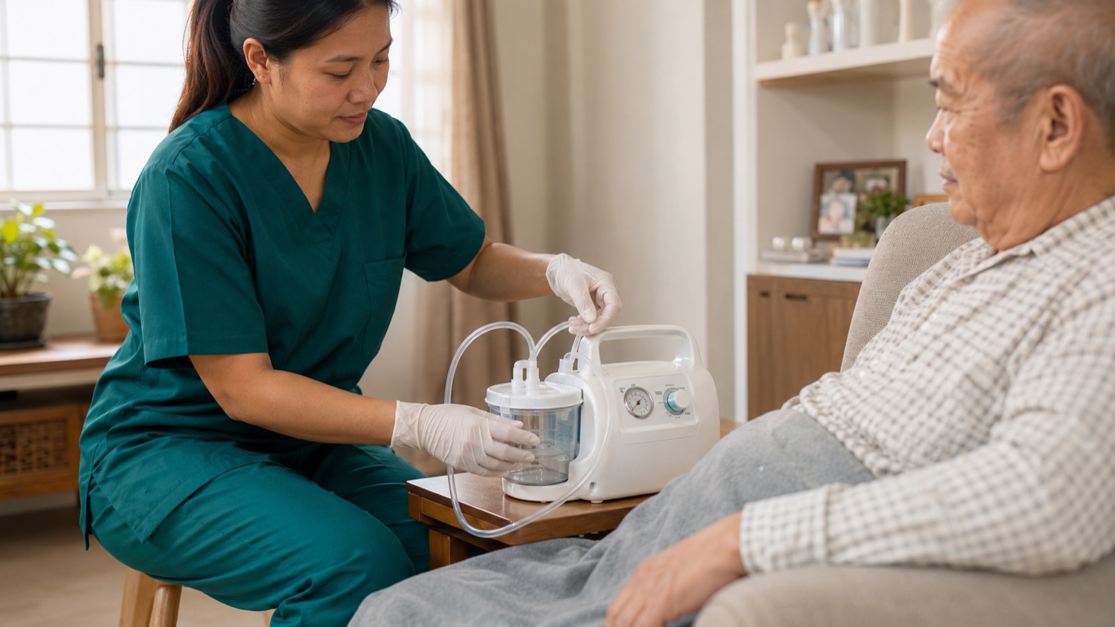 Home nurse in dark green scrubs setting up a portable suction machine beside a calm elderly patient at home in Singapore