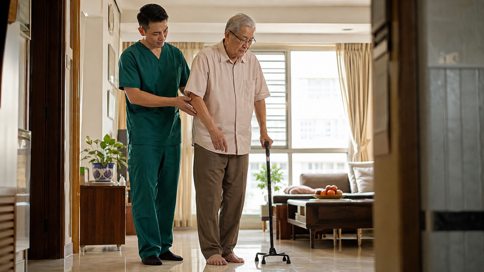 Male home nurse in dark green scrubs supporting an elderly Singaporean man walking with a cane in his HDB living room