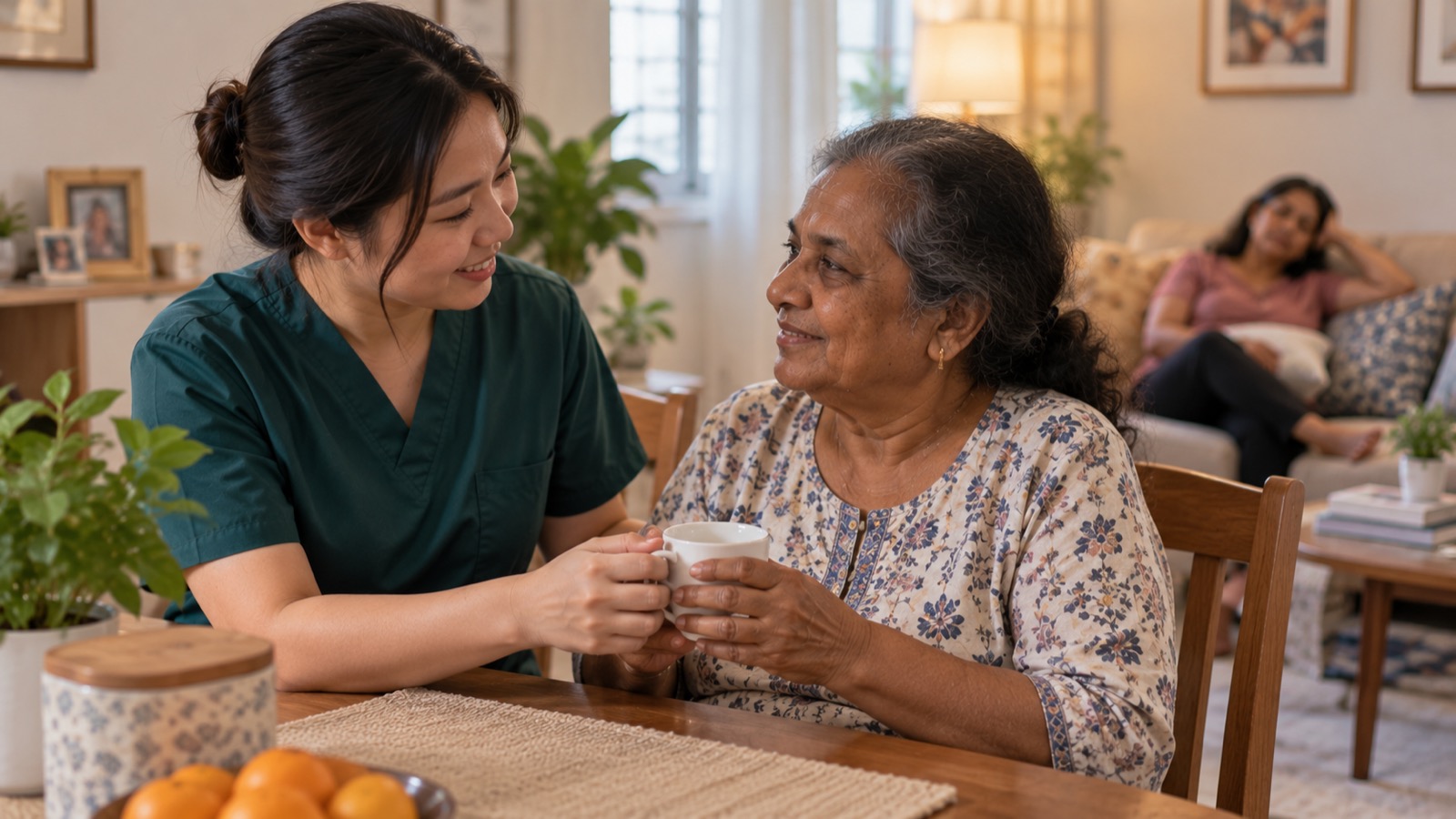 Nurse in dark green scrubs taking over care of an elderly patient while the family carer rests in the next room