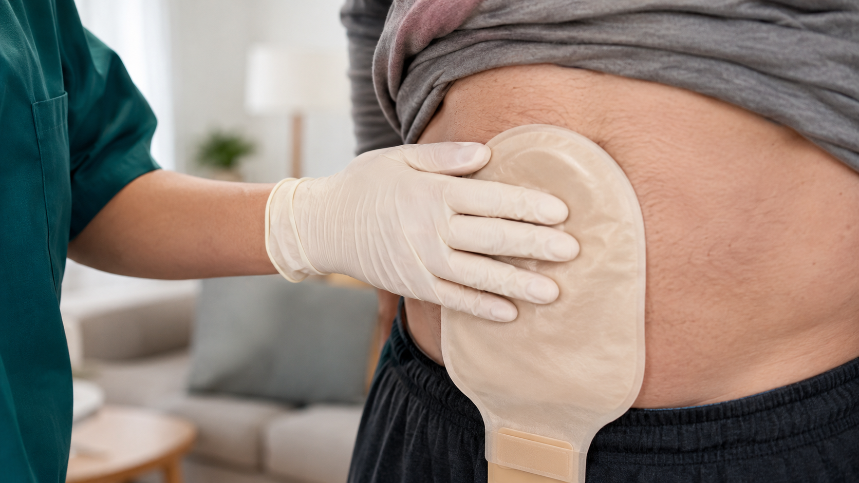 Gloved nurse in dark green scrubs checking a clean ostomy pouch on a patient's abdomen at home