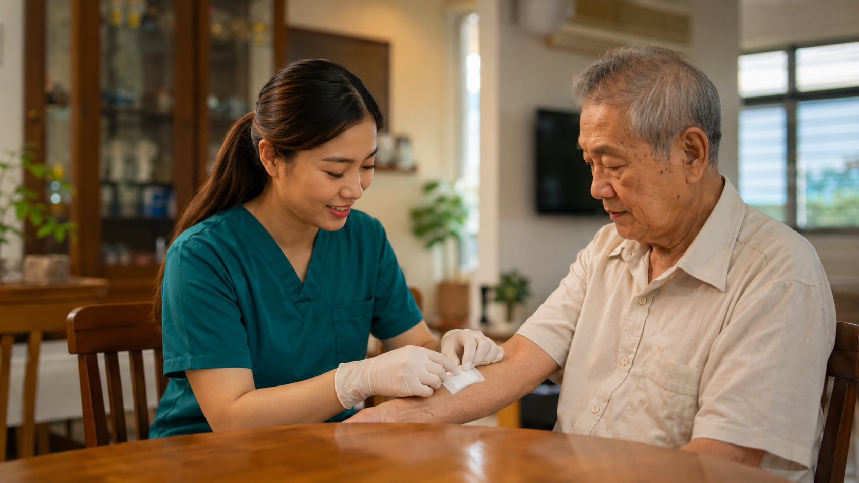Nurse in dark green scrubs changing a wound dressing on a patient's arm at home
